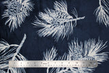 Flat swatch pinecones fabric (dark blue fabric with large white pinecones and tree sprigs tossed allover)