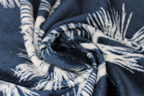 Swirled swatch pinecones fabric (dark blue fabric with large white pinecones and tree sprigs tossed allover)