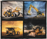 Full panel swatch - CAT Tractor Pillow Panel - (45" x 37") (4 cat tractor outdoor scenes outlined in black various poses and sky colours)