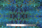 Flat swatch blue glow fabric (blue and turquoise marbled look fabric with coloured paint drip look dots allover with black outlines green, yellow, red, blue black colourway)