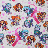Square swatch paw patrol themed cotton flannel fabric (white/lightest pink material with tossed pink paw prints and hearts, large Sky and Everest characters in large hearts)