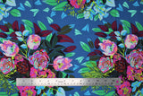Flat swatch New Flame fabric (blue fabric with large colourful floral and greenery allover in  green, purple, pink, blue and yellow shades)