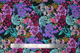 Flat swatch Secret Admirer fabric (teeal, purple, pink, white, yellow monochromatic collaged floral busy fabric)