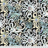 Square swatch Octopus fabric (black fabric with large illustrative style octopi allover in white, yellow and blue pale shades in various poses)