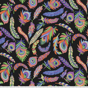 Square swatch Tickle My Fancy Black fabric (black fabric with medium tight tossed faded rainbow coloured feathers in various styles and sizes)