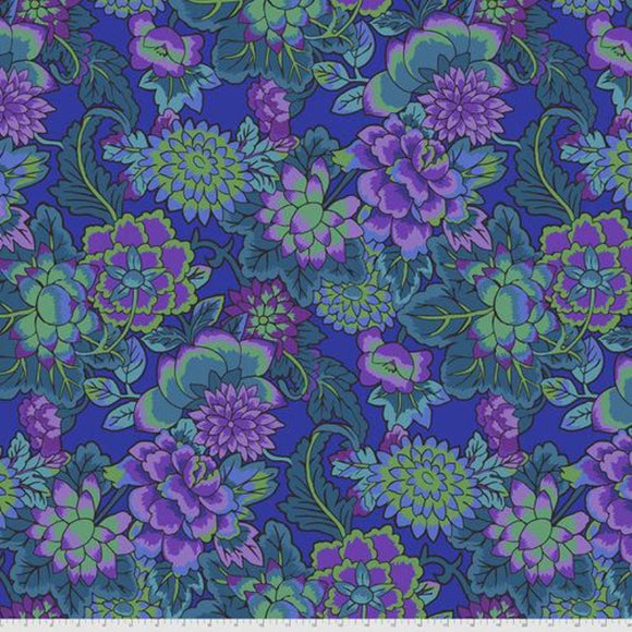 Square swatch Cloisonne Blue fabric (deep medium blue fabric with busy tossed illustrative style floral and leaves allover in muted blue, green and purple shades)