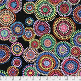 Swatch of multi-coloured mosaic circles printed fabric in black