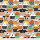 Flat swatch Frankencakes fabric (grey fabric with halloween themed/decorated cupcakes allover in orange, black, green, yellow, white: bats, pumpkins, spiders, monsters, eyes, etc.)