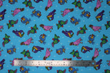 Flat swatch Sky Birds fabric (blue fabric with tossed illustrative style birds allover in blues, greens, purples and yellow shades with tossed white star sparkles)