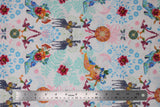 Flat swatch white fabric with blue shadow floral and colourful flowers and giraffes, butterflies, high heeled shoes, printed fabric