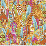 Square swatch feathers fabric in shade yellow (collaged feathers allover in various styles in yellow, pink, green, blue shades)