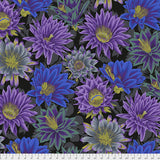 Square swatch cactus flower fabric in shade black (black fabric with medium busy collaged/tossed floral heads in purple, blue and green with grey leaves/silhouettes behind)
