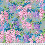 Square swatch Wisteria fabric (grey fabric with large lilac look floral allover in purple and pink with green leaves)