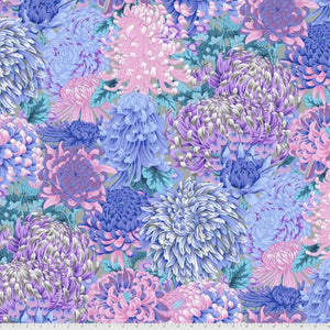 Square swatch Hokusai's Mums Grey fabric (grey fabric with very busy tossed/collaged large floral heads and leaves allover in blue, pink and purple monochromatic shades)