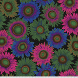 Square swatch dark fabric (black fabric with large collaged sunflower heads in blue, pink and green neon/black light look shades)