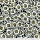 Square swatch grey fabric (black fabric with large collaged sunflower look floral heads with pale grey petals and white, brown, green and yellow centers)