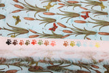 Raw hem swatch cat themed fabric in cat tails (light sky blue coloured fabric with small orange butterflies and green frogs on tiled cattail plants)