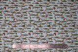 Flat swatch cat themed fabric in cat tails (light sky blue coloured fabric with small orange butterflies and green frogs on tiled cattail plants)
