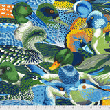Flat swatch Quackers fabric (collaged ducks in green, blue, white, yellow shades subtle painted look fabric)