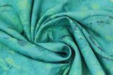 Swirled swatch aqua medallion fabric (aqua coloured fabric with teal floral appliques and dark teal polka dots and black circular paint look marks)