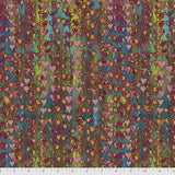 Square swatch Heartfelt-Multi fabric (multi coloured vertical striped fabric paint look in various colours with busy tossed red, pink and purple hearts allover with thin black outlines and yellow dots)