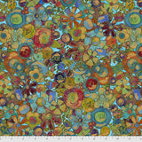 Square swatch Blossoms-Teal fabric (teal fabric with busy collaged allover doodle look floral in muted array of colour shades)