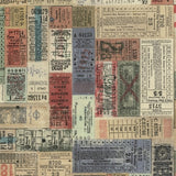 Swatch of vintage collage printed fabric in transportation (ticket stubs)