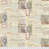 Swatch of vintage collage printed fabric in chrysanthemum 