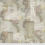 Swatch of vintage collage printed fabric in world map