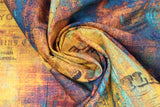 Swirled swatch urban grunge fabric (dark yellow, blue, rust marbled look weathered fabric with faint black writing labels)