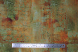 Flat swatch writing specimen fabric (pale green and rust marbled look fabric with faint black cursive writing throughout)