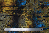 Flat swatch Gilded Mosaic fabric (deep medium blue, yellow gold and white marbled look fabric with broken mosaic tiles look allover and subtle black text)