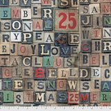 Flat swatch Christmas Blocks fabric (collaged look letter blocks in grey, beige and accent shades of red and green making christmas themed words "Joy" "Son" etc.)