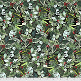 Flat swatch English Holly fabric (drawn style busy green holly with red berries)
