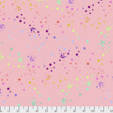 Square swatch Blush fairy dust fabric (pink fabric with small tossed dots, stars, bursts and birds in rainbow shades)