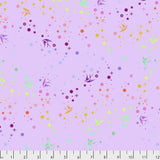 Flat swatch lavender fairy dust fabric (pale purple fabric with small tossed dots, stars, bursts and birds in rainbow shades)