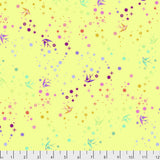 Flat swatch lime fairy dust fabric (bright yellow green fabric with small tossed dots, stars, bursts and birds in rainbow shades)