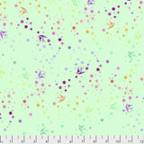 Square swatch Mint fairy dust fabric (mint fabric with small tossed dots, stars, bursts and birds in rainbow shades)
