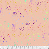 Flat swatch sherbet fairy dust fabric (pale orange fabric with small tossed dots, stars, bursts and birds in rainbow shades)