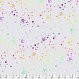 Square swatch Whisper fairy dust fabric (palest grey fabric with small tossed dots, stars, bursts and birds in rainbow shades)