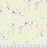 Flat swatch cotton candy fairy dust fabric (cream fabric with small tossed dots, stars, bursts and birds in rainbow shades)