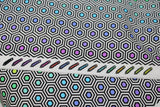 Raw hem swatch linework themed fabric in hexy rainbow (black and white hexagon/honey comb shape print with rainbow coloured centers)