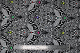 Flat swatch linework themed fabric in tall tails (black fabric with intricate white birds/peacock design, multi-coloured hearts)