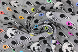 Swirled swatch linework themed fabric in pandanmonium (panda heads on white and black scalloped stripe pattern with multi-coloured heart badges)
