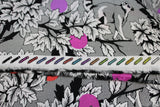 Raw hem swatch linework themed fabric in lemur me alone (black and white lemurs on leafy trees with multi coloured dots on small dot patterned background)