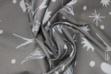 Swirled swatch linework themed fabric in fairy flakes ink (black fabric with traditional style birds, hearts, stars, dots in grey)