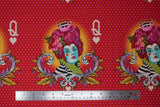 Flat swatch The Red Queen fabric (red fabric with tiny pink hearts stripe background with large full colour queen of hearts interpretation character with pink hair, blue skin, and striped outfit/crown with orange sunburst behind queen and white, pink, orange fluer de lis style filigree beneath and "Q" with heart)