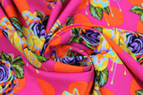 Swirled swatch painted roses daydream fabric (dark pink fabric with orange polka dots, tossed purple/blue roses with green leaves dripping with paint look in yellow, green, blue with subtle orange polka dots)