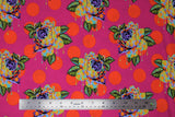 Flat swatch painted roses daydream fabric (dark pink fabric with orange polka dots, tossed purple/blue roses with green leaves dripping with paint look in yellow, green, blue with subtle orange polka dots)