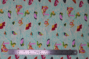 Group swatch assorted Curiouser & Curiouser themed fabrics in various styles/colours